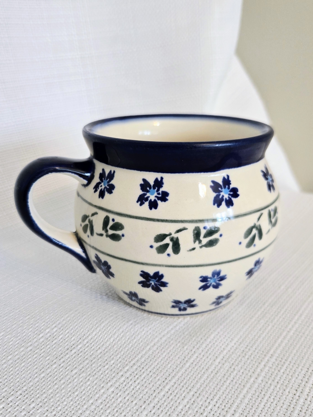Polish Pottery Bubble Mug Coffee Cup Blue Flower Leaf Band READ